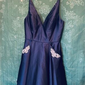 Elegant Navy Blue Mini Dress with Floral Accents